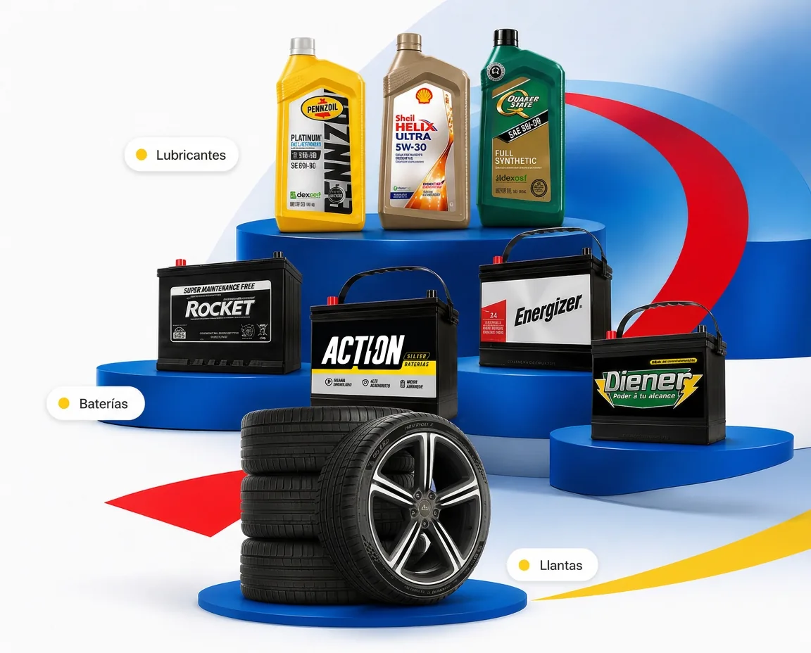 Lubricantes Pennzoil, Shell Helix Ultra y Quaker State, baterías Rocket, Energizer, Action Silver y Diener, y una estiba de llantas sobre podios azules